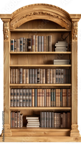 Elegant wooden bookshelf filled with a variety of old books and documents, perfect for a vintage or classic library setting. © narak0rn