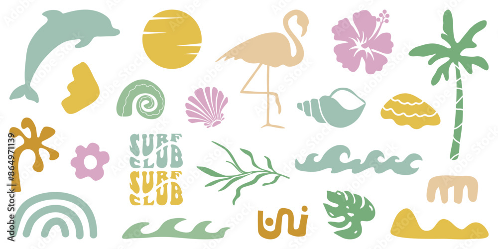 Retro Groovy Surf Club in trendy Boho style. Naive Geometric Summer Palm Tree. Simple background of sun sea. Retro Summer Beach Hand Drawn isolated illustration. Vintage Surf Club. Vector illustration Retro Groovy Surf Club in trendy Boho style. Naive Geometric Summer Palm Tree. Simple background of sun sea. Retro Summer Beach Hand Drawn isolated illustration. Vintage Surf Club. Vector illustration