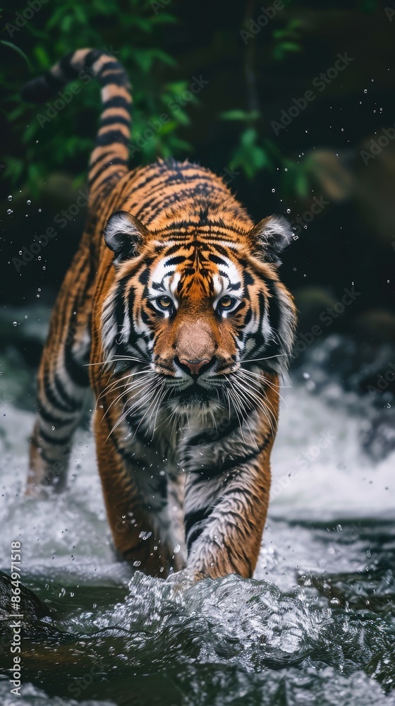 Naklejka premium A tiger walks through shallow water in a lush forest