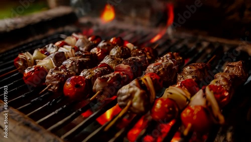 Grilling delicious shashlik on barbecue grill photo