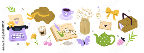 Cottagecore stickers set. Romantic lifestyle scrapbooking collection. Tea, picnic, books and other rural vintage elements. Modern cartoon concept. Vector illustration.