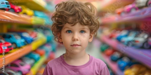 A Child Gazing at Toy Cars on Shelves in a Vibrant Store. Concept Toy Cars, Store Display, Child's Play, Colorful Shelves, Vibrant Environment