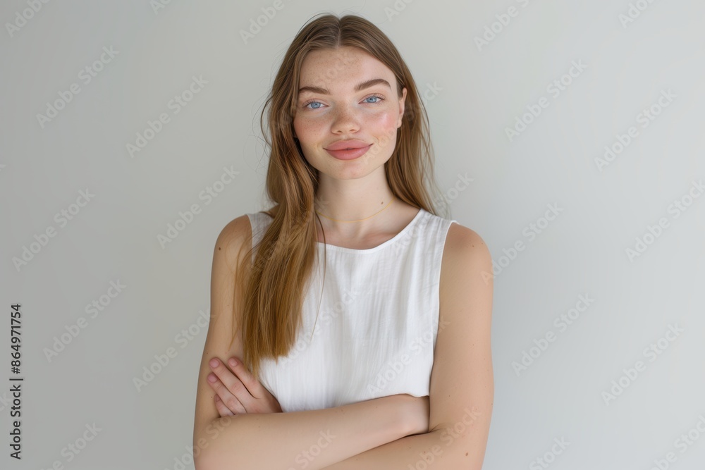 Confident Woman with Freckles in White Top. Generative AI. Confident Woman with Freckles in White Top. Generative AI.