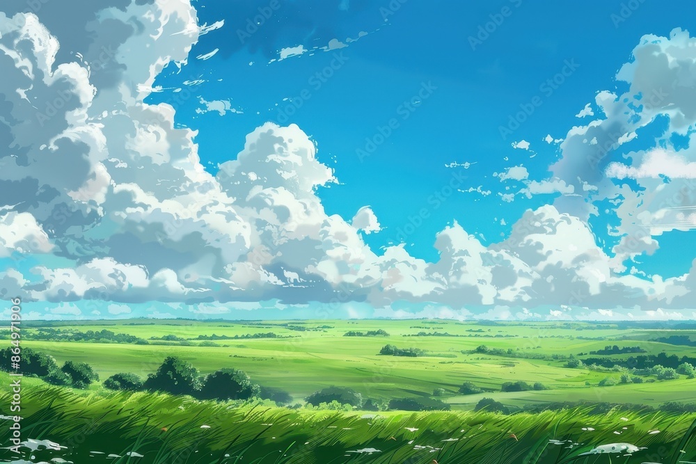 Grass Field landscape with blue sky and white cloud. Blue sky clouds sunny day wallpaper. Cartoon illustration of a Grass Field with blue sky in Summer. green field in a day. Grass Field landscape with blue sky and white cloud. Blue sky clouds sunny day wallpaper. Cartoon illustration of a Grass Field with blue sky in Summer. green field in a day.