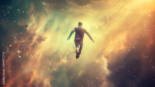 Man flying through colorful cosmic nebula. Visiting other dimensions and realms. Astral travel. © tiagozr