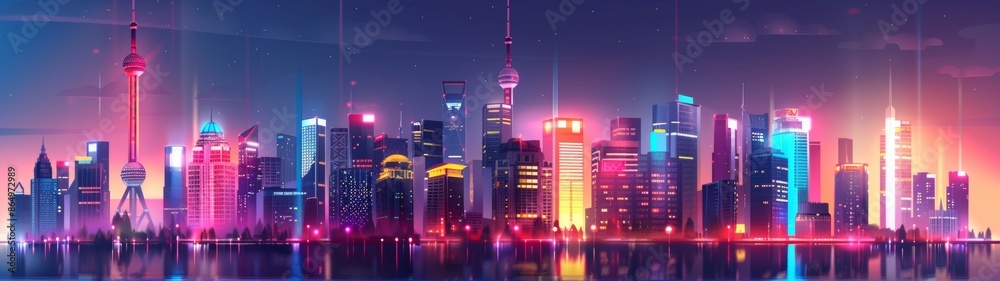 Vibrant Neon Cityscape with Water Reflections Vibrant Neon Cityscape with Water Reflections