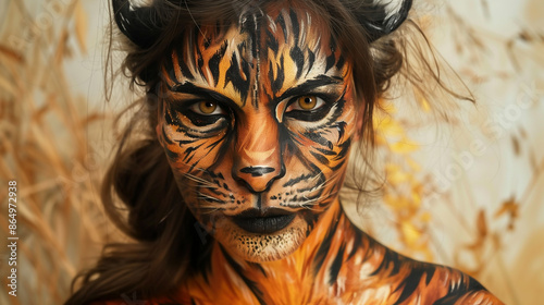 Woman with intricate tiger face paint in natural setting. Animla make up design photo