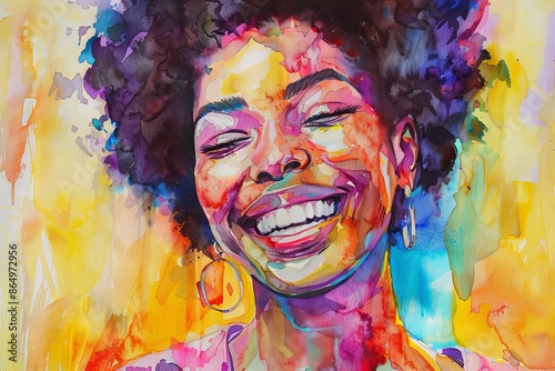 Watercolor portrait of a woman with curly hair, smiling brightly