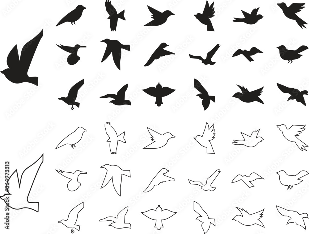 Birds icons vectors Set flat, line styles, black humming birds. Nature symbols, flying illustration signs. Bird logos and wings, airplane template wildlife designs isolated on transparent background. Birds icons vectors Set flat, line styles, black humming birds. Nature symbols, flying illustration signs. Bird logos and wings, airplane template wildlife designs isolated on transparent background.
