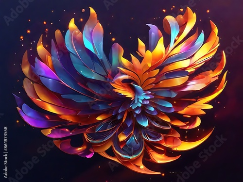Visualize a holographic representation of a phoenix feather, abstracted into intricate geometric forms and patterns that capture its fiery colors and mythical essence.
