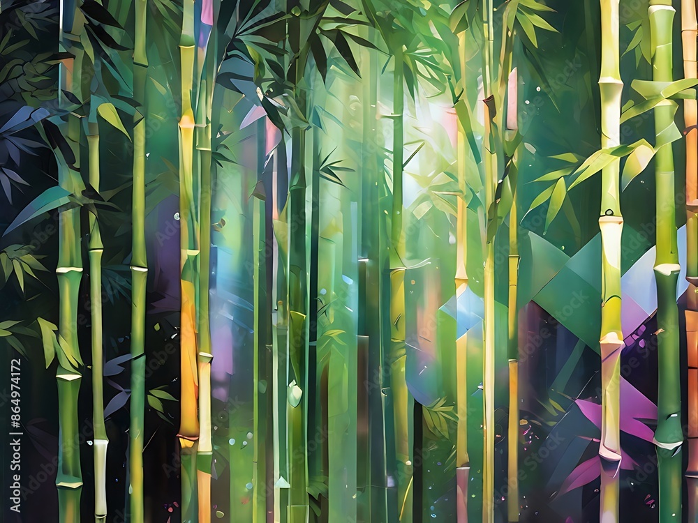 Obraz premium Generate a holographic representation of a bamboo grove, abstracted into dynamic geometric forms and patterns that capture its tall stalks and serene atmosphere.