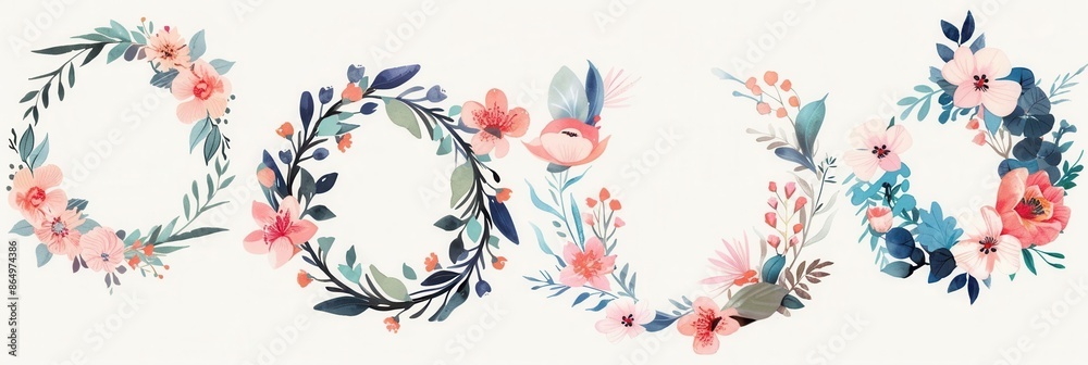 Obraz premium A collection of five beautiful, watercolor floral wreaths in various styles, perfect for wedding invitations and festive events. Generative AI