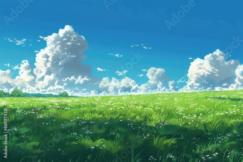 Beautiful green grass field with white clouds and blue sky on a sunny day.  Nature landscape illustration in anime or cartoon style