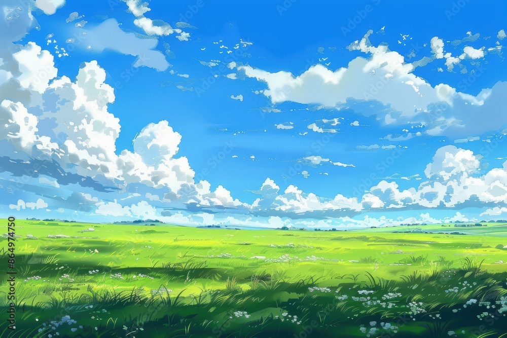 Beautiful green meadow with lush grass and fluffy white clouds under blue sky, idyllic landscape, nature, background image for website or presentation Beautiful green meadow with lush grass and fluffy white clouds under blue sky, idyllic landscape, nature, background image for website or presentation