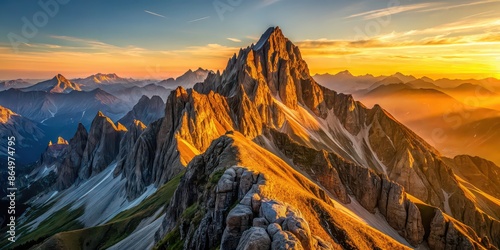 Mountain ridge bathed in golden sunrise light, mountain, ridge, sunrise, golden light, scenic view, nature, beauty, landscape #864974795