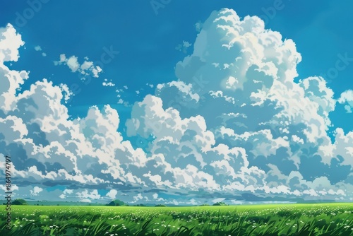 Beautiful landscape painting of a blue sky with fluffy white clouds and a green field. Abstract art illustration, nature, outdoor, springtime, summer.