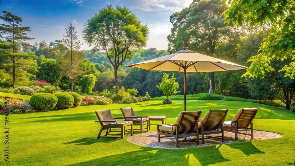 Beautiful lawn view with umbrella, chairs, and trees in the background , nature, outdoor, relaxation, sunny, green, grass Beautiful lawn view with umbrella, chairs, and trees in the background , nature, outdoor, relaxation, sunny, green, grass