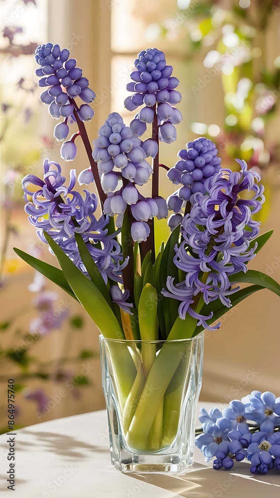 Gentle muscari and hyacinth first spring flowers in vase Gentle muscari and hyacinth first spring flowers in vase