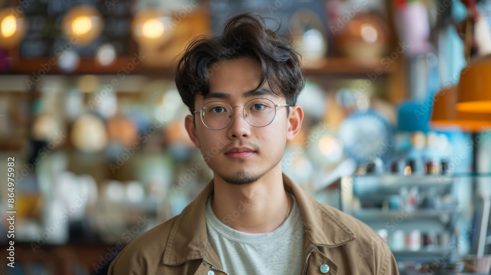 Photo of young Asian man at coffee shop, AI Generative Photo of young Asian man at coffee shop, AI Generative