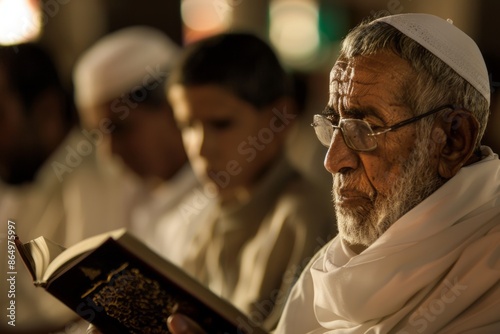 Arabic old man and family reading verses from the Quran as part of the Muslim Islamic New Year ritual, copy space photo