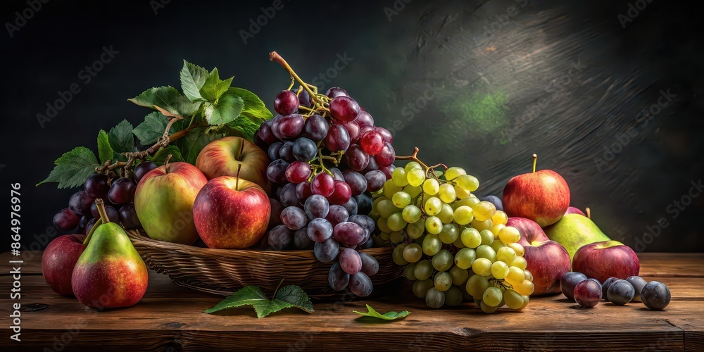 Still life arrangement of grapes, pear, and apples against dark backdrop, grapes, pear, apple, still life, fruit Still life arrangement of grapes, pear, and apples against dark backdrop, grapes, pear, apple, still life, fruit