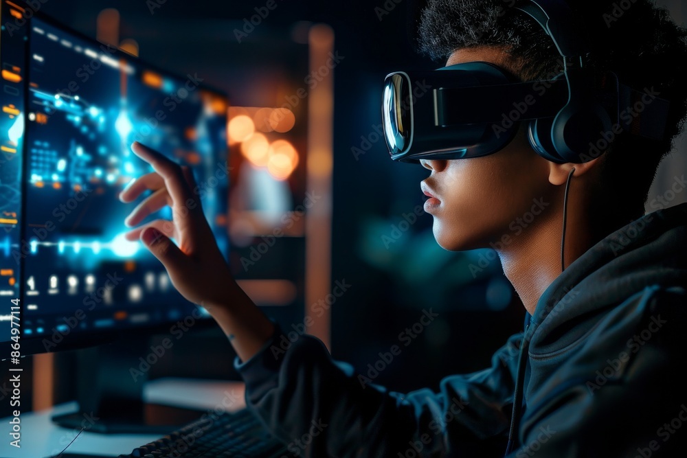 Man using VR headset in a high-tech workspace, showcasing advanced virtual reality technology for productivity and immersive digital experiences. Man using VR headset in a high-tech workspace, showcasing advanced virtual reality technology for productivity and immersive digital experiences.