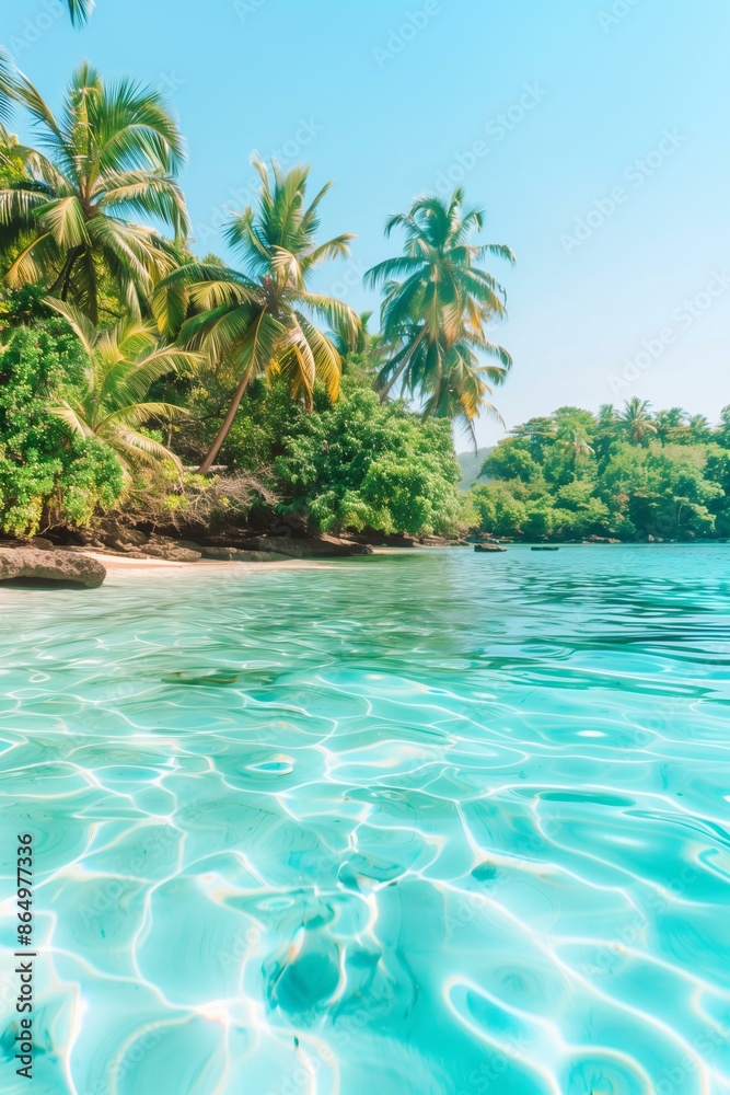 Obraz premium pristine tropical beach with clear turquoise water, surrounded by palm trees and lush vegetation