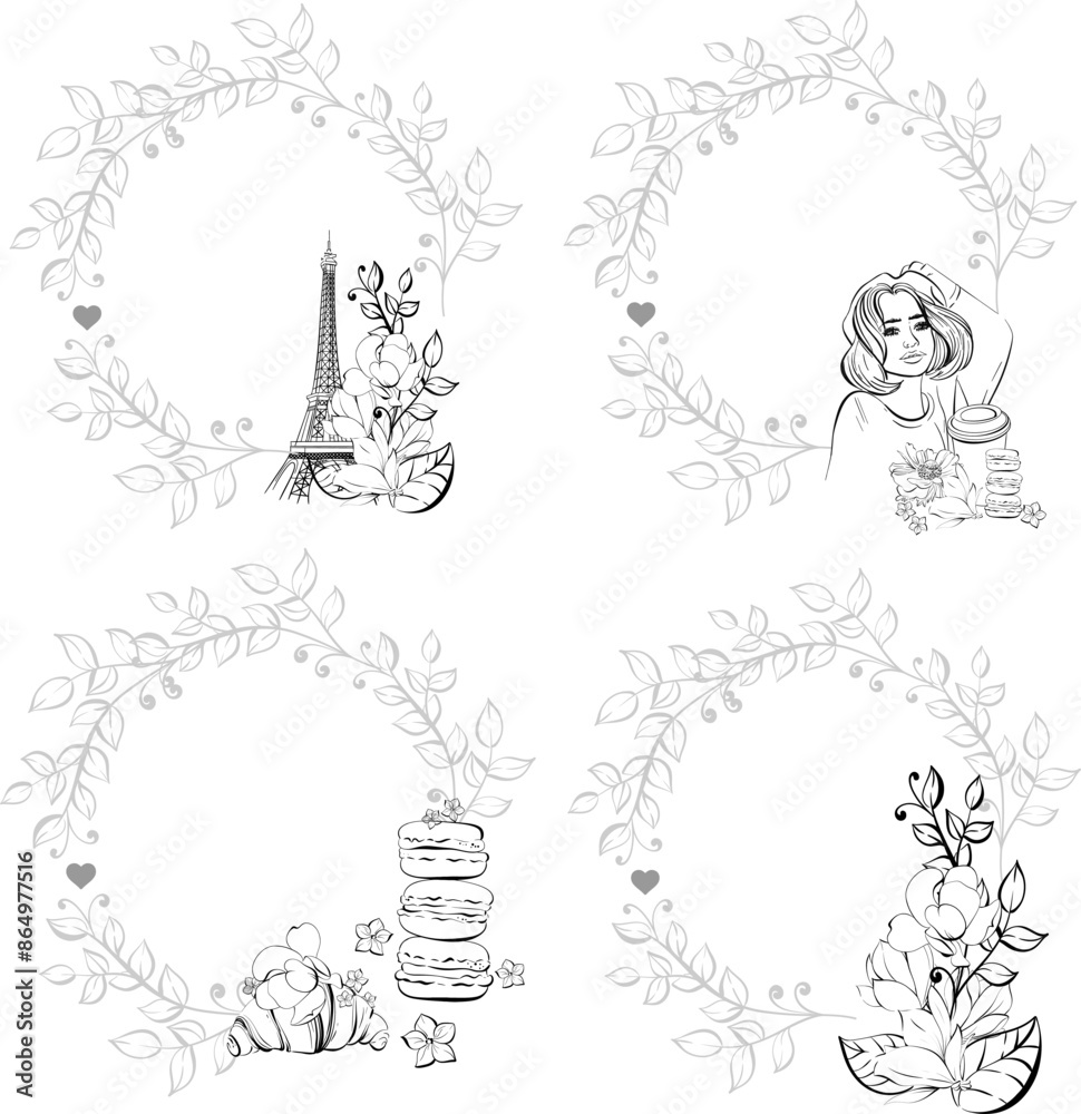 Vector set circle frame, template of Eiffel Tower and flower, bakery. Magnolia springtime romantic in Paris for greeting card, print with hand drawn. France famous symbol. Black silhouette for circuit Vector set circle frame, template of Eiffel Tower and flower, bakery. Magnolia springtime romantic in Paris for greeting card, print with hand drawn. France famous symbol. Black silhouette for circuit