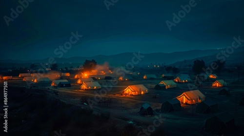 Twilight view of an ancient Israelite army camp, with illuminated tents overlooking a battlefield. Torches flicker within the tent village, casting a warm glow against the darkening sky.