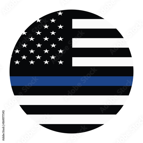 Circle badge Thin blue line flag law enforcement symbol. American police flag vector. Remembering the fallen police officers on duty. Law and order. Devotion, dedication on workplace. ladle out honors
