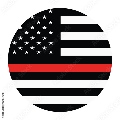 Circle badge Thin red line firefighter flag symbol vector illustration. USA flag button. Remembering fallen firefighters officers on duty. Law order. Devotion, dedication on workplace ladle out honors