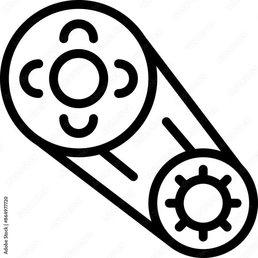 Simple black and white icon of a timing belt connecting two mechanical gears Simple black and white icon of a timing belt connecting two mechanical gears