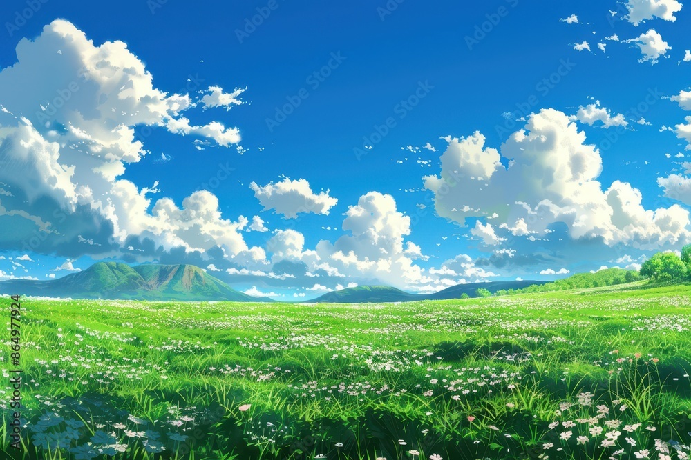Fototapeta premium Beautiful landscape painting of green grass field, white clouds and blue sky. Dreamy nature background for mobile, computer or social media.