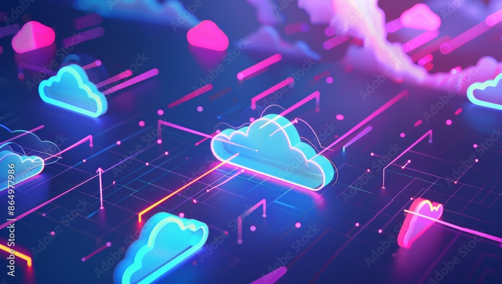 Naklejka premium Working Data cloud animation Servers and Supercomputers with Cloud Storage. Internet Artificial intelligence. Technology web background.