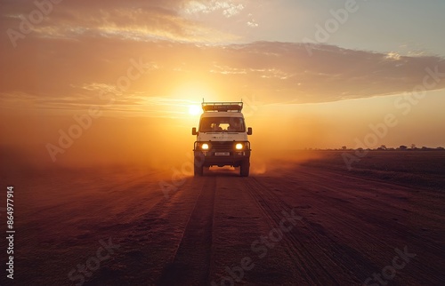 High-resolution photo of an off-road healthcare van, bathed in golden hour light, traversing a dusty mountain road in South Africa.