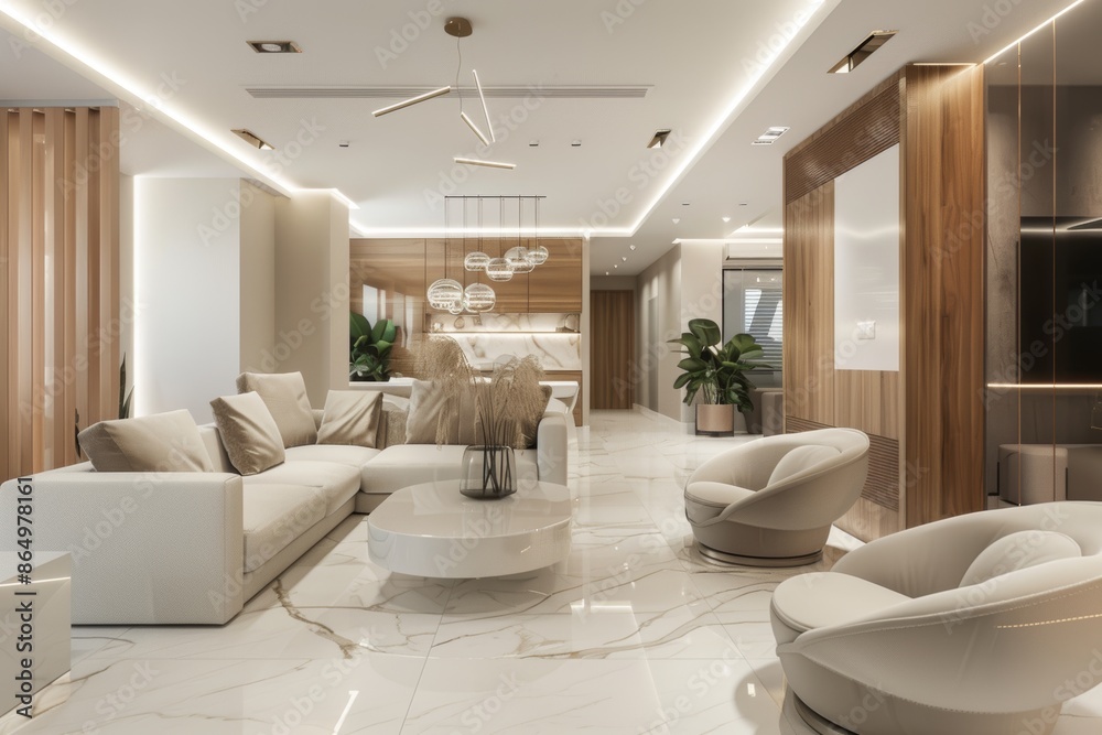 Fototapeta premium Modern office lounge with white couches and a marble floor