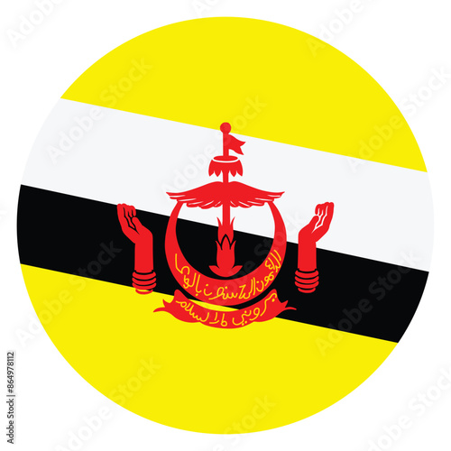 Circle badge Brunei flag button vector illustration isolated. National symbol of state in Asia. Emblem Brunei banner. Patriotic sign. Roundel Brunei flag and coat of arms.