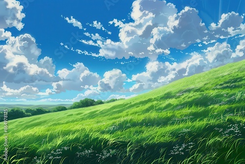 Vibrant green grassy hill with a blue sky and fluffy white clouds. Peaceful and tranquil landscape scene with lush meadow. Idyllic nature scene for background or desktop.