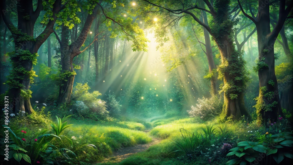 Obraz premium Enchanted forest scene with lush greenery, sparkling sunlight, and mystical atmosphere , mystical, enchanted, forest, scene