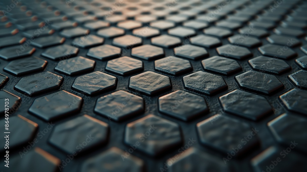 High-resolution metallic texture with a pattern of shiny, raised hexagonal tiles on a dark background, illuminated with subtle lighting effects. High-resolution metallic texture with a pattern of shiny, raised hexagonal tiles on a dark background, illuminated with subtle lighting effects.