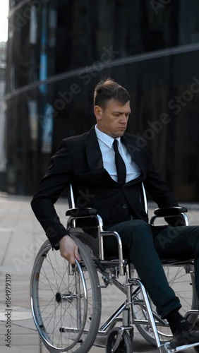 Handsome invalid man rolling in wheelchair and looking depressed on You. Portrait in 4k UHD near businesscenter outdoor glass teal and orange. Failure concept. Vertical shot. photo