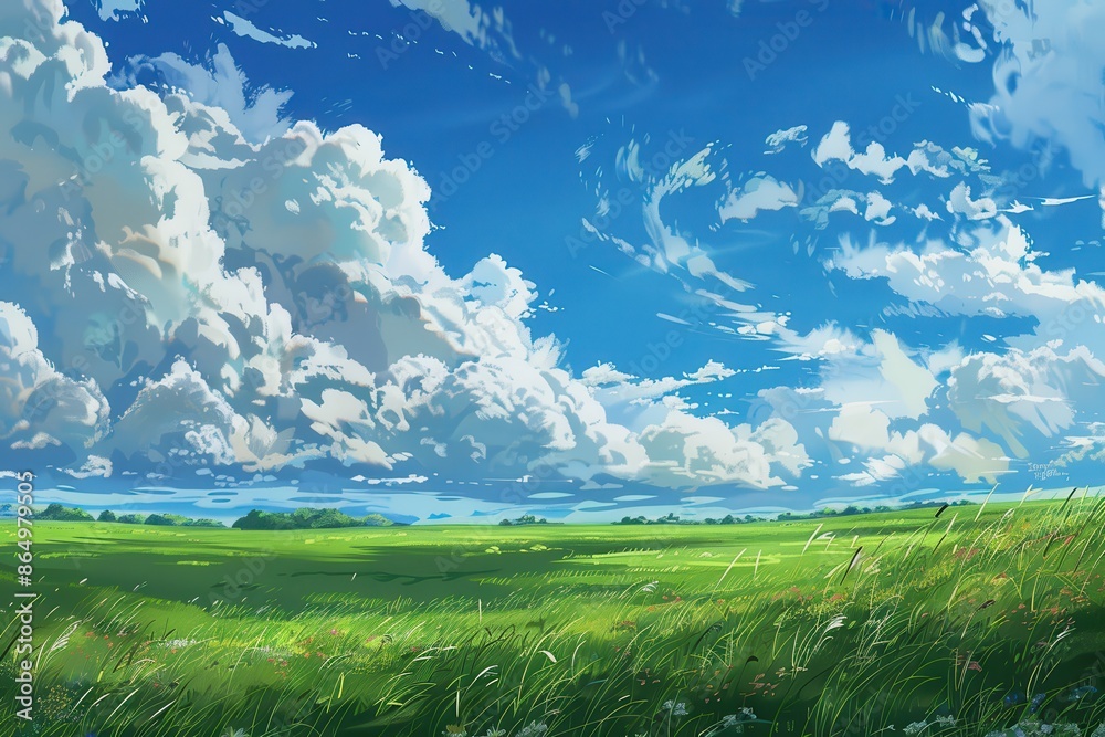 Beautiful summer landscape with blue sky, green field, and puffy white clouds, perfect for desktop or mobile wallpaper Beautiful summer landscape with blue sky, green field, and puffy white clouds, perfect for desktop or mobile wallpaper