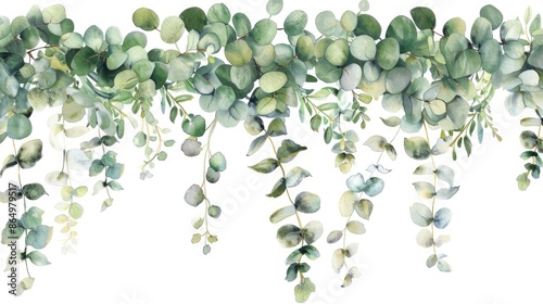 watercolor hanging wreath of eucalyptus greenery leaves, white background