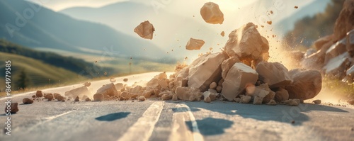 A rockfall blocking a road in the mountains during a sunny morning, with rocks mid-air and sunlight highlighting the dramatic natural event against a serene backdrop.