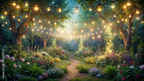 Enchanting garden with twinkling fairy lights, magical, garden, illuminated, lights, enchanted, mystical, fantasy