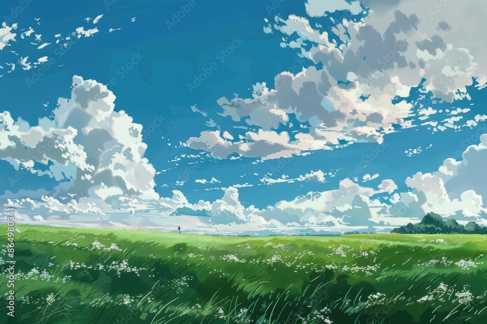 Beautiful green meadow landscape under a bright blue sky with white fluffy clouds. Concept of peace, freedom, and nature. Beautiful green meadow landscape under a bright blue sky with white fluffy clouds. Concept of peace, freedom, and nature.