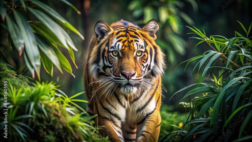 Fototapeta premium Majestic tiger prowling through dense undergrowth, tiger, majestic, wild animal, predator, prowling, forest, jungle