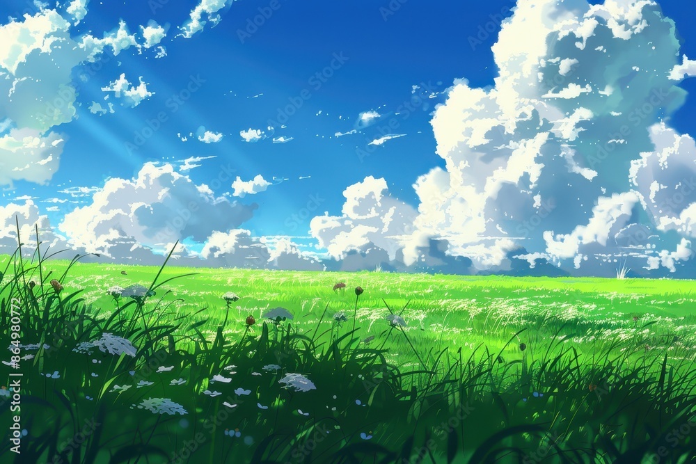 Green field with white fluffy clouds, blue sky and sunbeams in summer. Beautiful nature landscape with grass and flowers in peaceful meadow. Concept of freedom, serenity and countryside. Green field with white fluffy clouds, blue sky and sunbeams in summer. Beautiful nature landscape with grass and flowers in peaceful meadow. Concept of freedom, serenity and countryside.