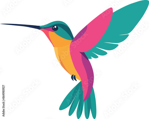 Exotic tropical bird - hummingbird, parrot. Vector illustration. Bird of Amazonian forests in flat design illustration. Fauna of South America. Flying colorful bird for icons, posters, children books