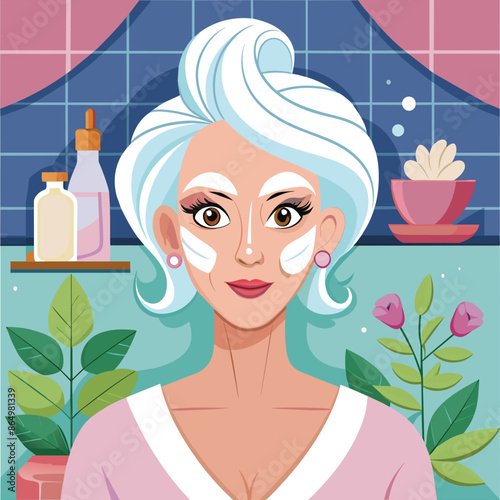 An elderly woman with wrinkles and facial mask for skincare treatment concept